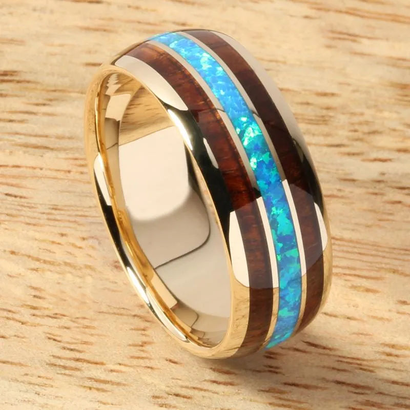 10K Yellow Gold Natural Koa Wood and Opal Triple Row Oval Wedding Ring 8mm