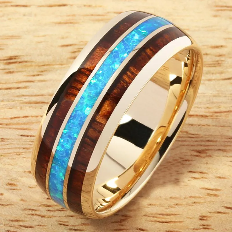 10K Yellow Gold Natural Koa Wood and Opal Triple Row Oval Wedding Ring 8mm