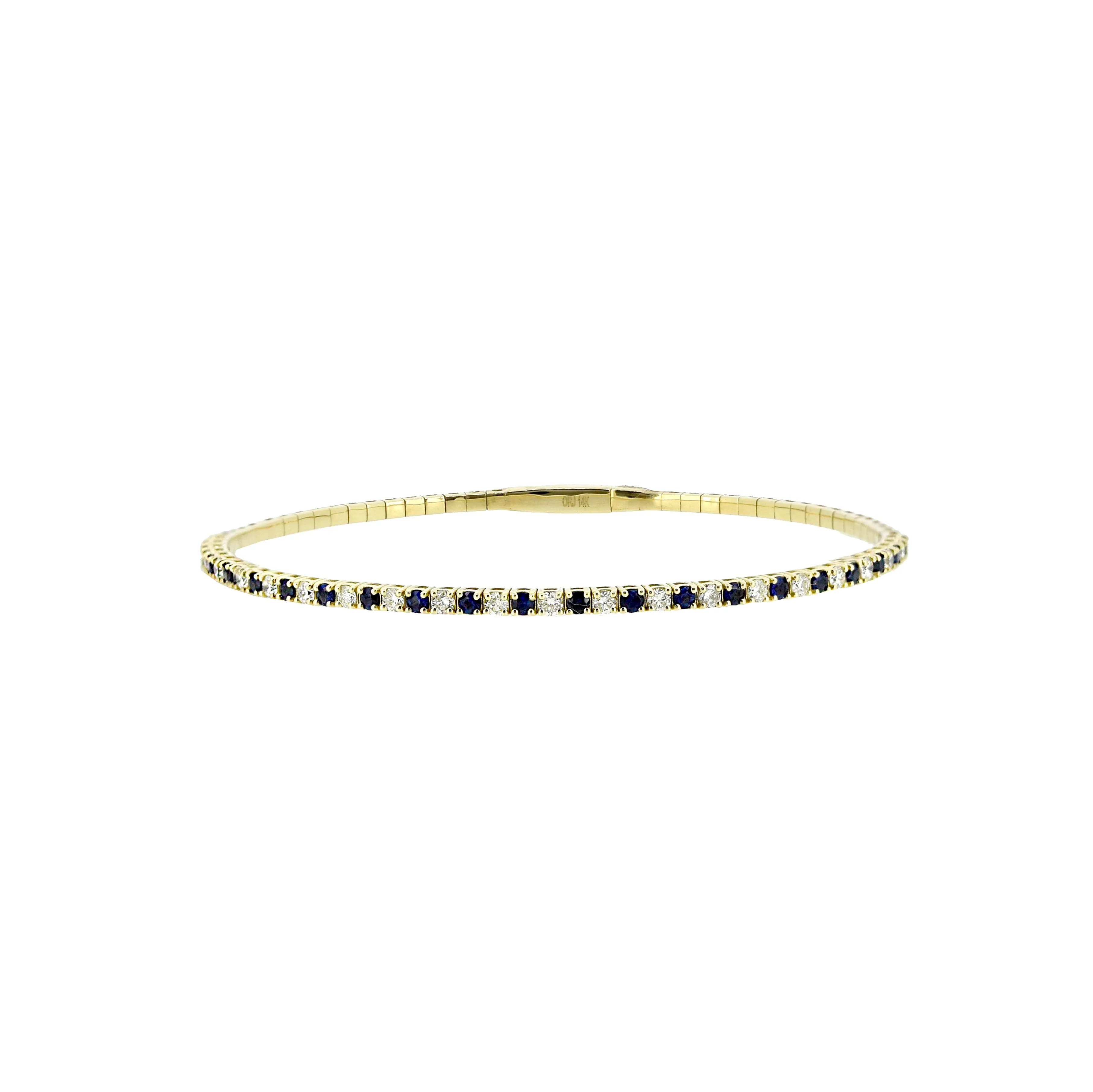 14 Karat Yellow Gold Flexible Bangle with Sapphires and Diamonds