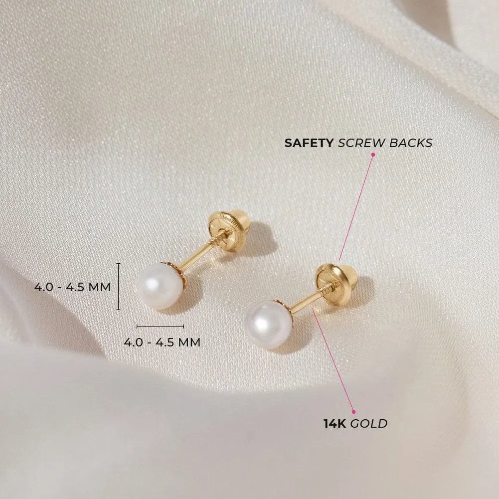 14k Classic 4mm Cultured Pearl Chidlrens Earrings - Screw Back