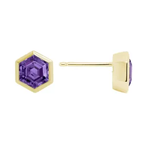 14k Yellow Gold Hexagon Amethyst Stud Earrings