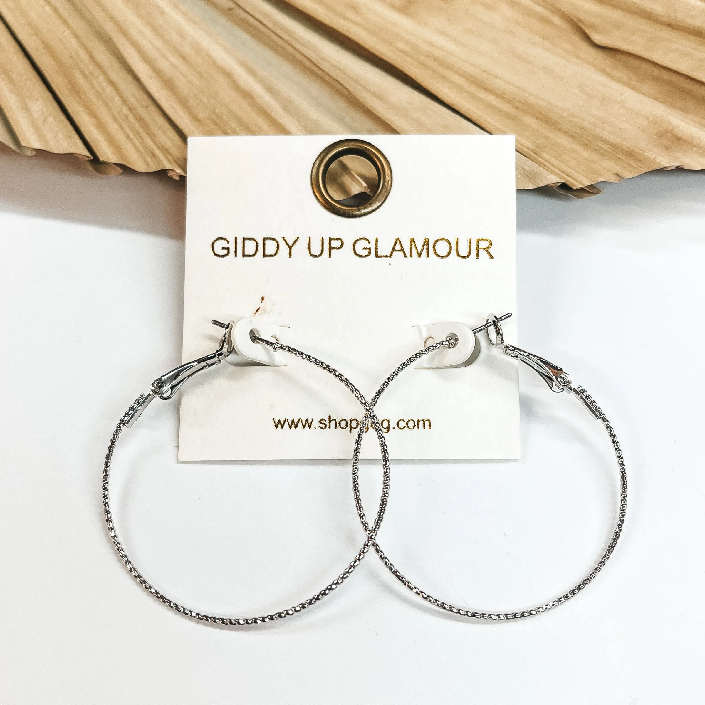 1.5 Inch Thin Wired Rope Textured Hoop Earrings in Silver