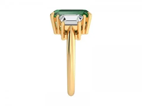 5.31ct Green Emerald Three Stone Ring with Trapezoid Side Stones