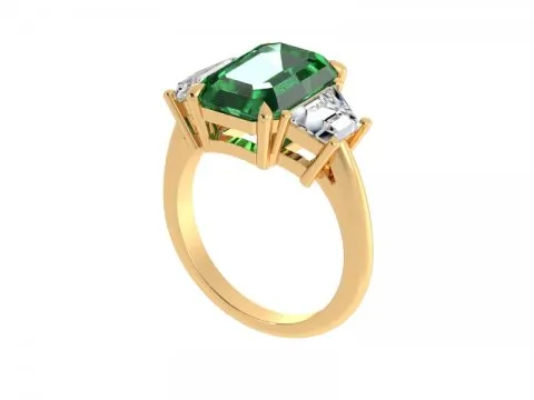 5.31ct Green Emerald Three Stone Ring with Trapezoid Side Stones