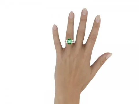 5.31ct Green Emerald Three Stone Ring with Trapezoid Side Stones