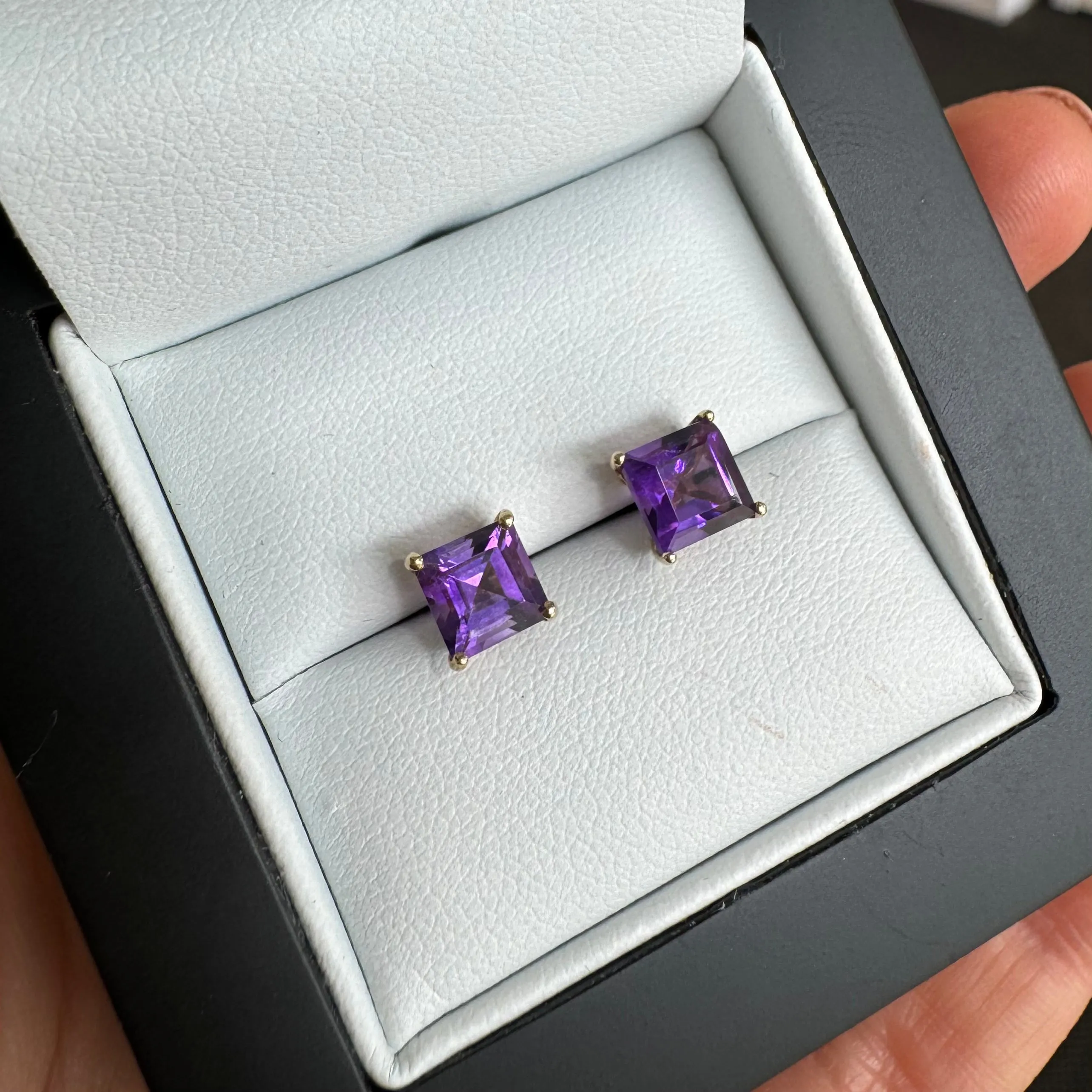 9ct Yellow Gold Princess Cut Amethyst Stud Earrings