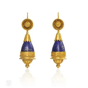 Antique gold and lapis earrings in the Etruscan style