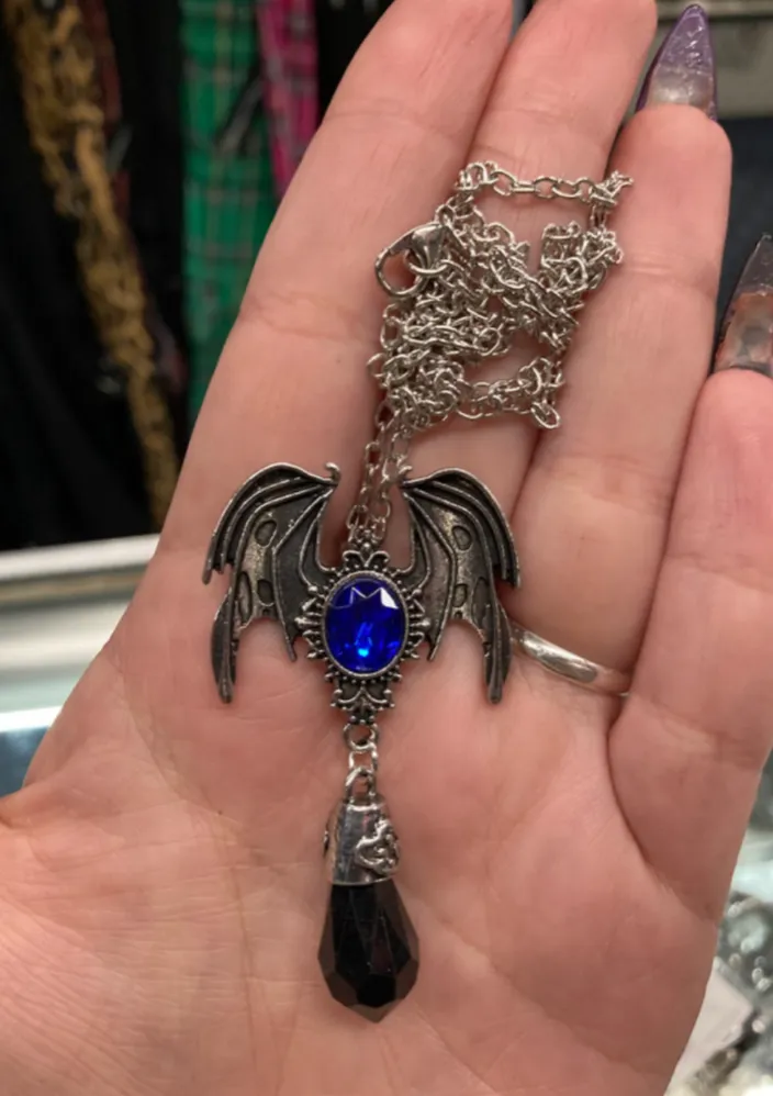 Bat Wing Necklace w/ Blue Gem