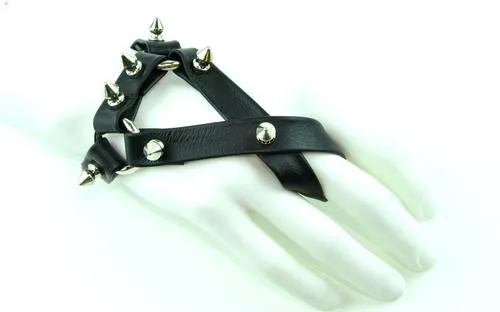 Black Leather Coach X Bracelet w/ Silver Spike Detail