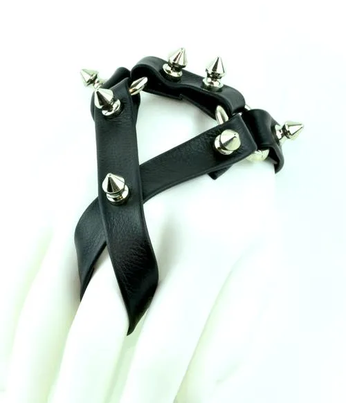 Black Leather Coach X Bracelet w/ Silver Spike Detail