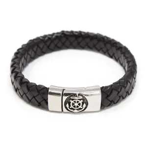 Braided Leather Bracelet with Anchor Clasp Black Large