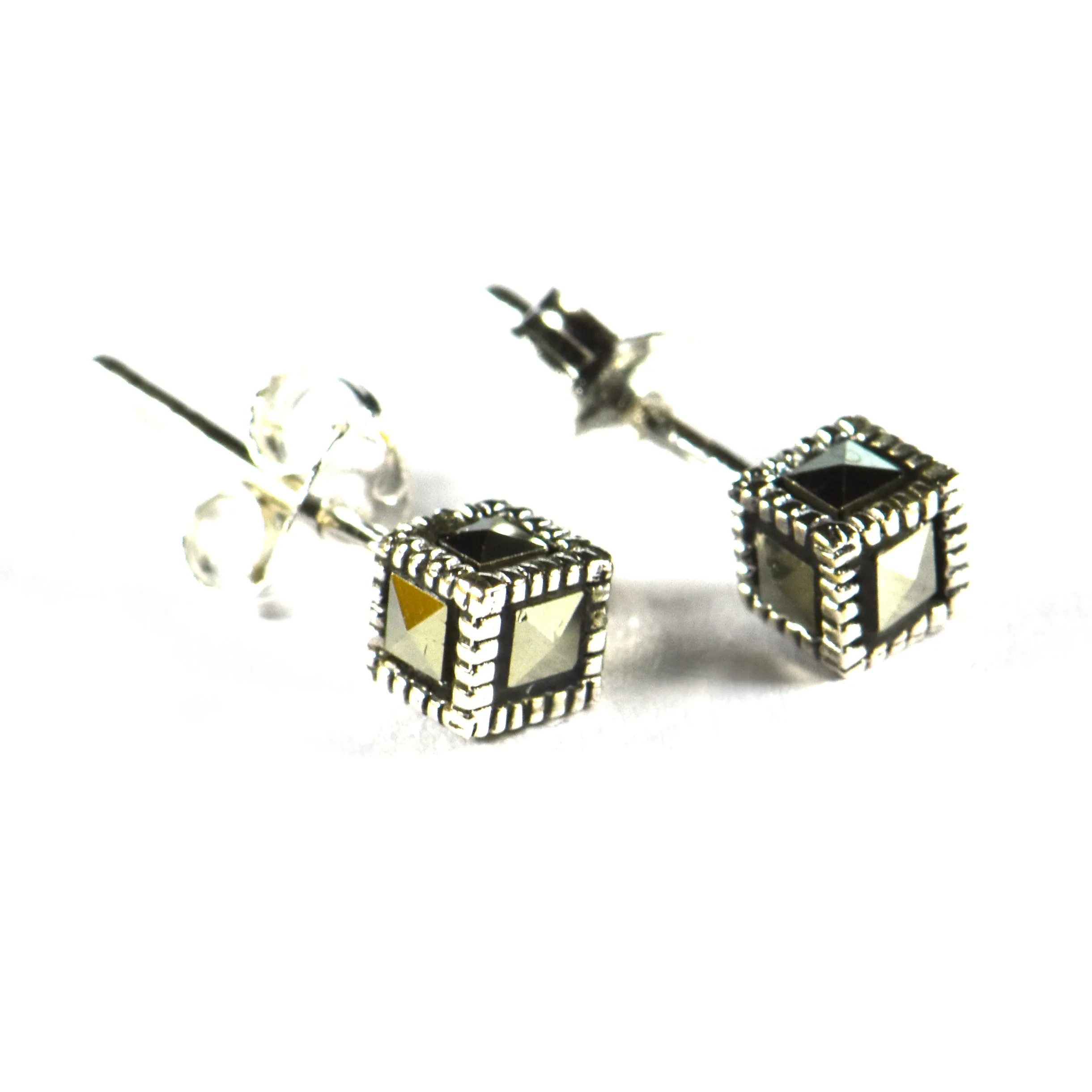 Cube silver studs earring with marcasite