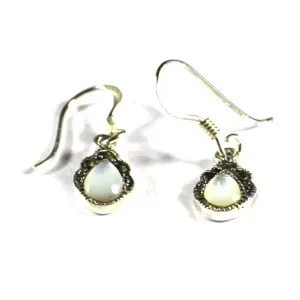 Drop hook silver earring with marcasite & mother of pearl