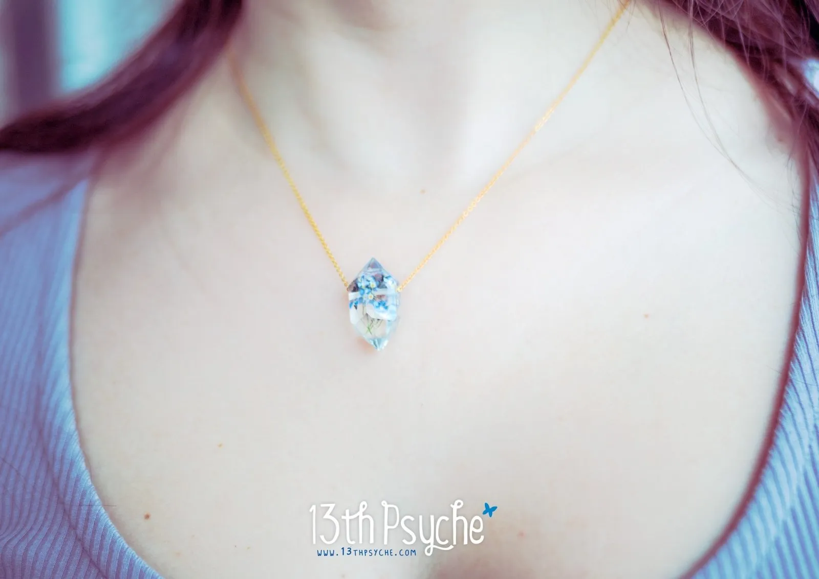 Forget me not flower crystal point pendant necklace