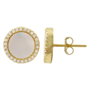 Gold Plated Small Round Mother of Pearl Earrings with CZ Bezel