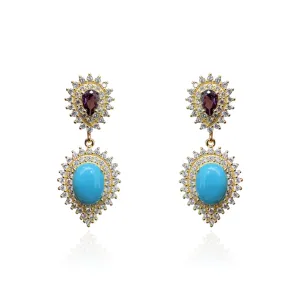 Gold Plated Turquoise and Amethyst CZ Drop Dressy Earrings