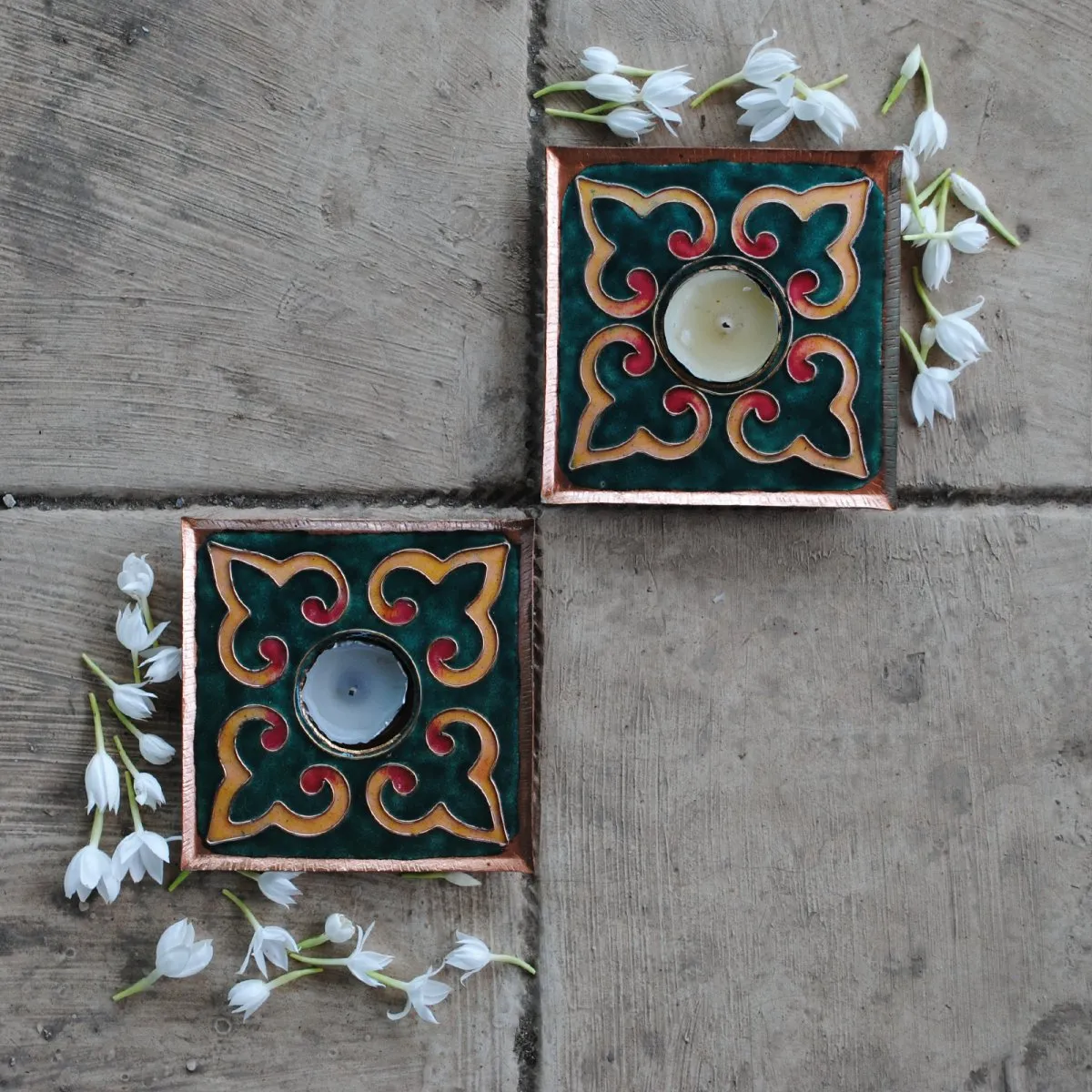 Green Handcrafted Copper Tealight Holder - Set of 2