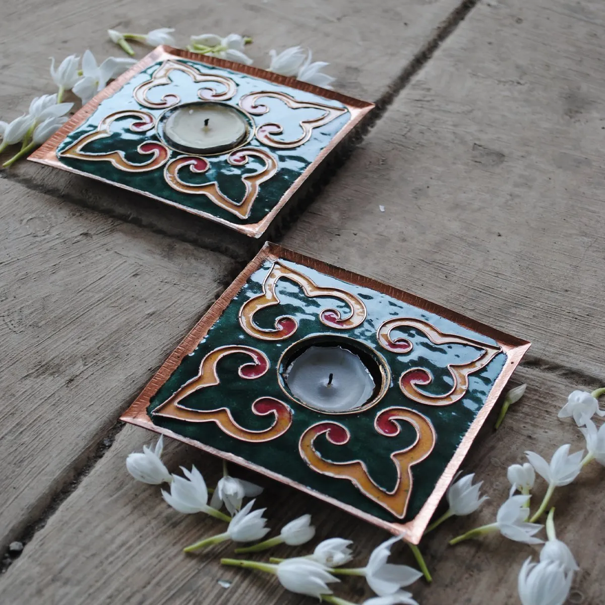 Green Handcrafted Copper Tealight Holder - Set of 2