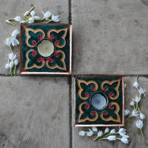 Green Handcrafted Copper Tealight Holder - Set of 2