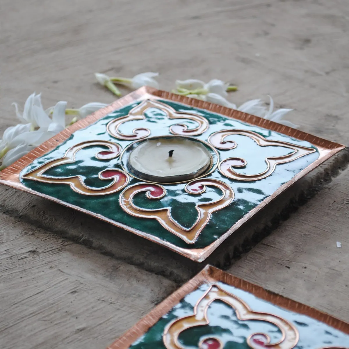 Green Handcrafted Copper Tealight Holder - Set of 2