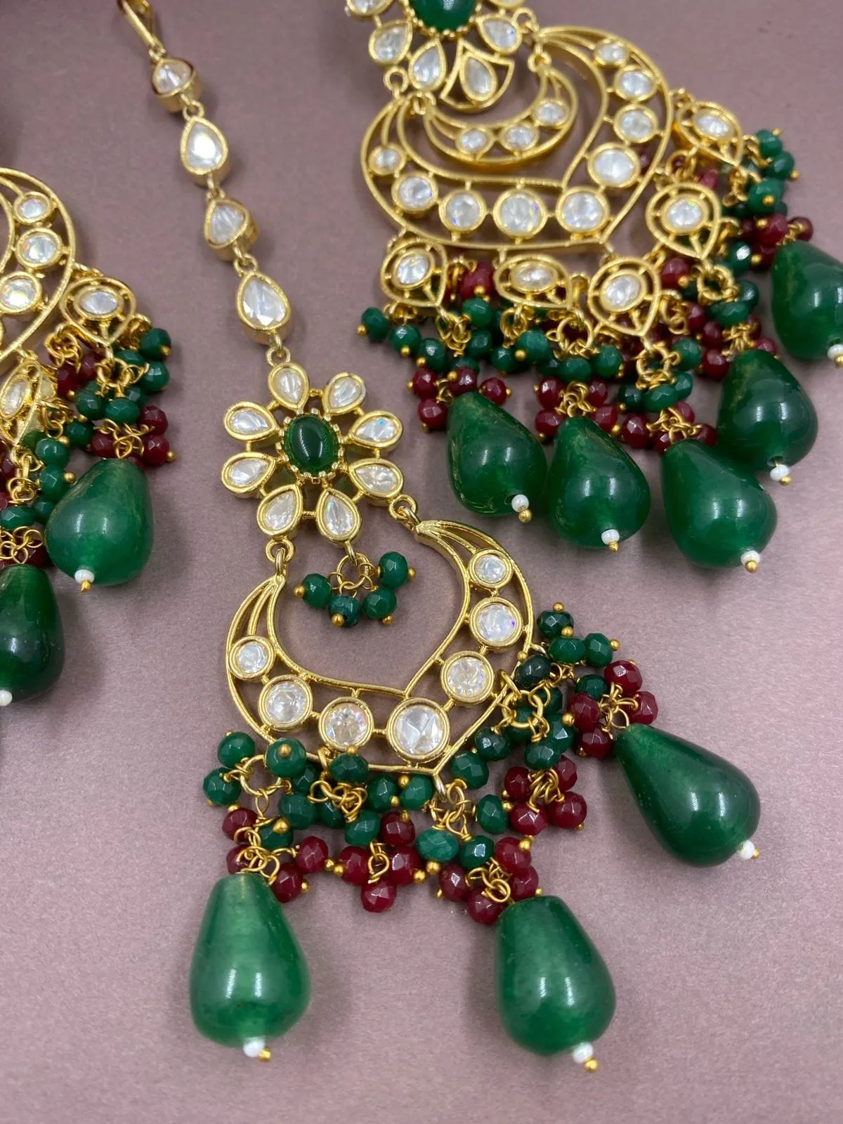 High Quality Polki Kundan Big Chandbali Earrings And Tikka Set By Gehna Shop