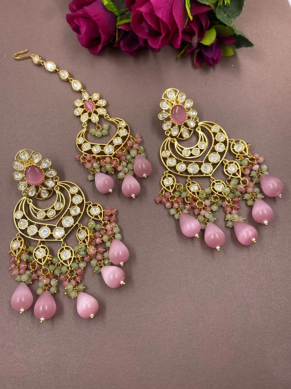 High Quality Polki Kundan Big Chandbali Earrings And Tikka Set By Gehna Shop