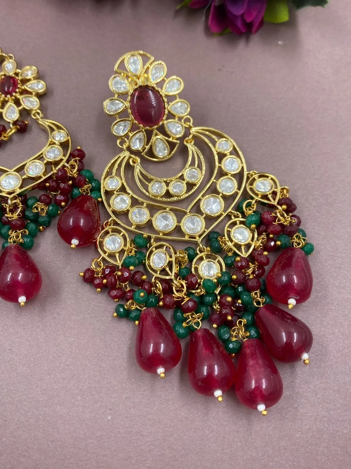 High Quality Polki Kundan Big Chandbali Earrings And Tikka Set By Gehna Shop