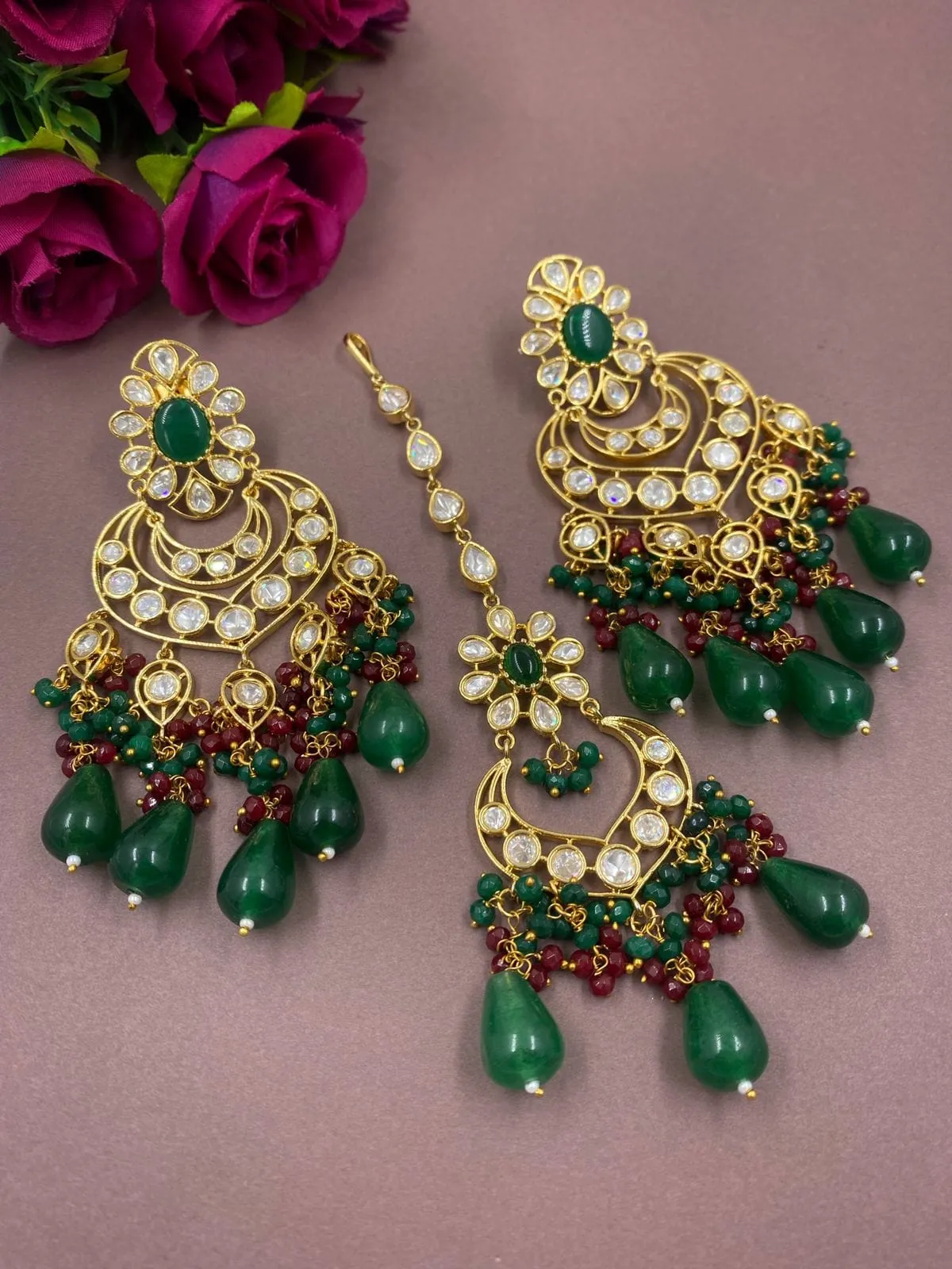 High Quality Polki Kundan Big Chandbali Earrings And Tikka Set By Gehna Shop