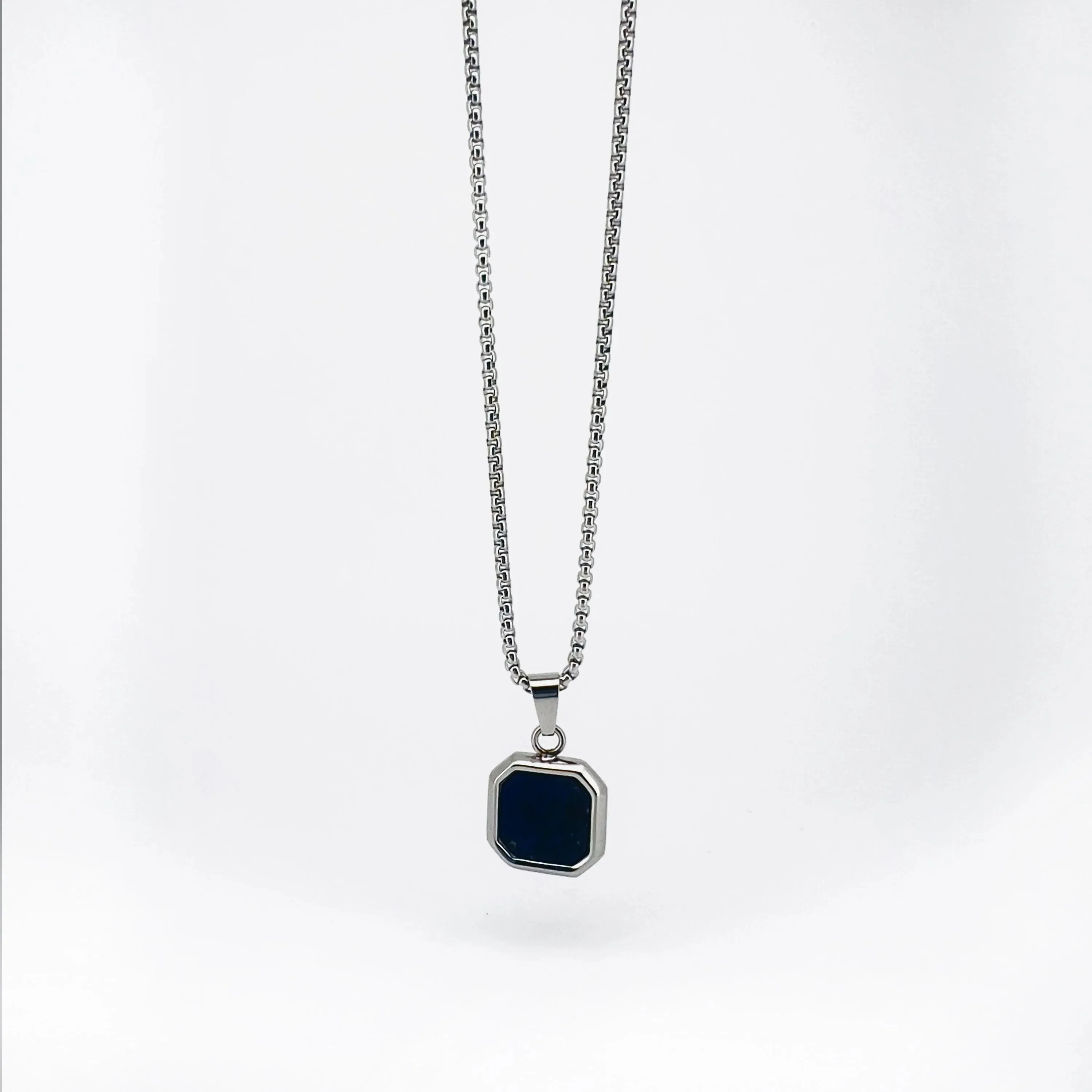 Kare Stainless Steel Box Chain Necklace with Square Stone Pendant