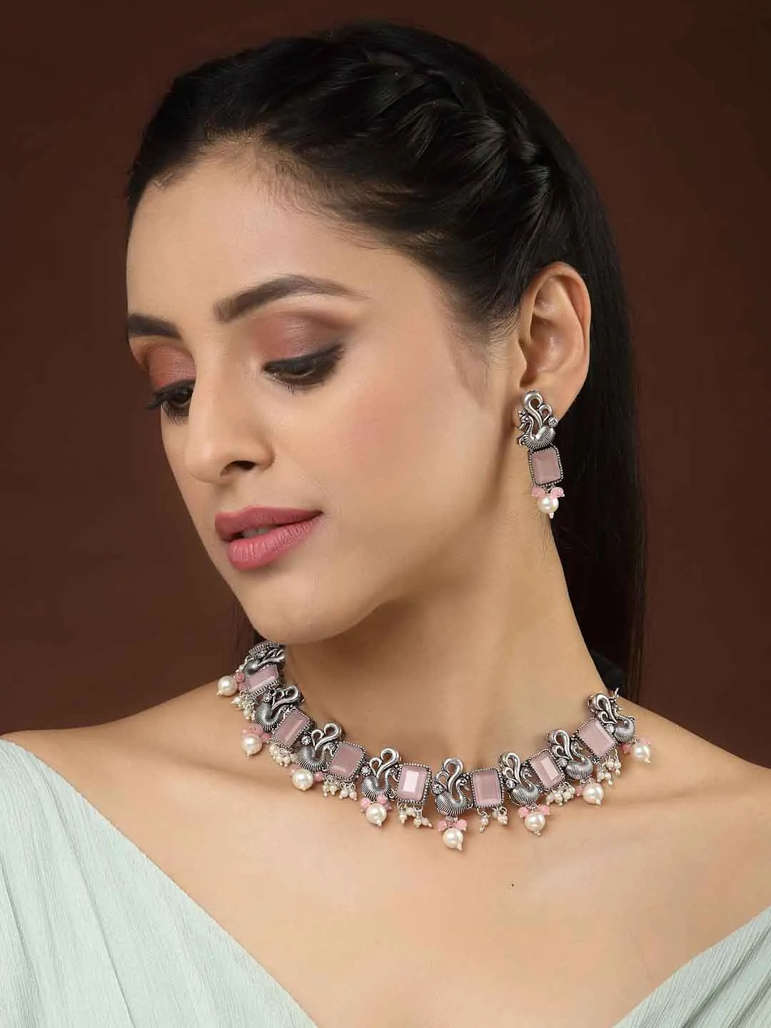 Oxidized Silver-Toned Pink Peacock Shaped Pearl Choker Necklace with Earrings