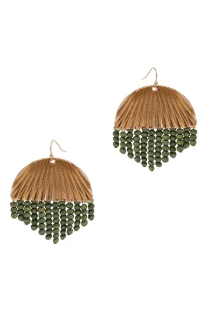 Round Wood Beaded Tassel Hook Earrings- Green