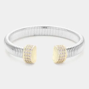 Silver CZ Stone Paved Two Tone Coil Cuff Bracelet