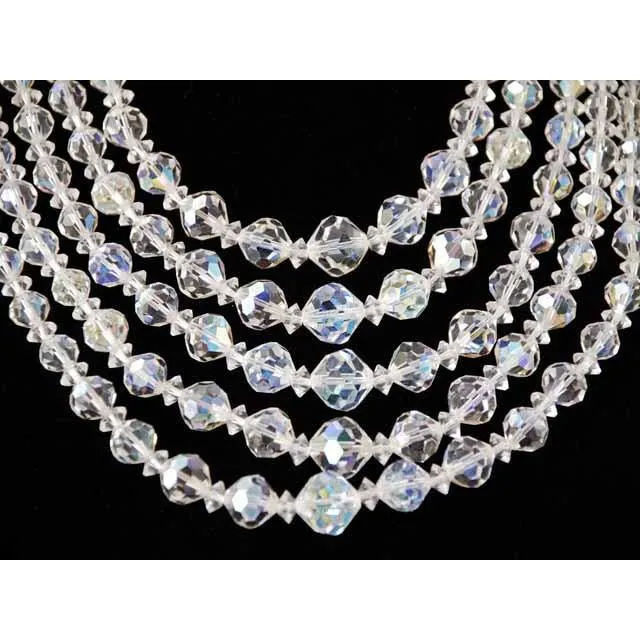 Vintage Aurora Borealis Crystal Necklace Five  Strand 1950S