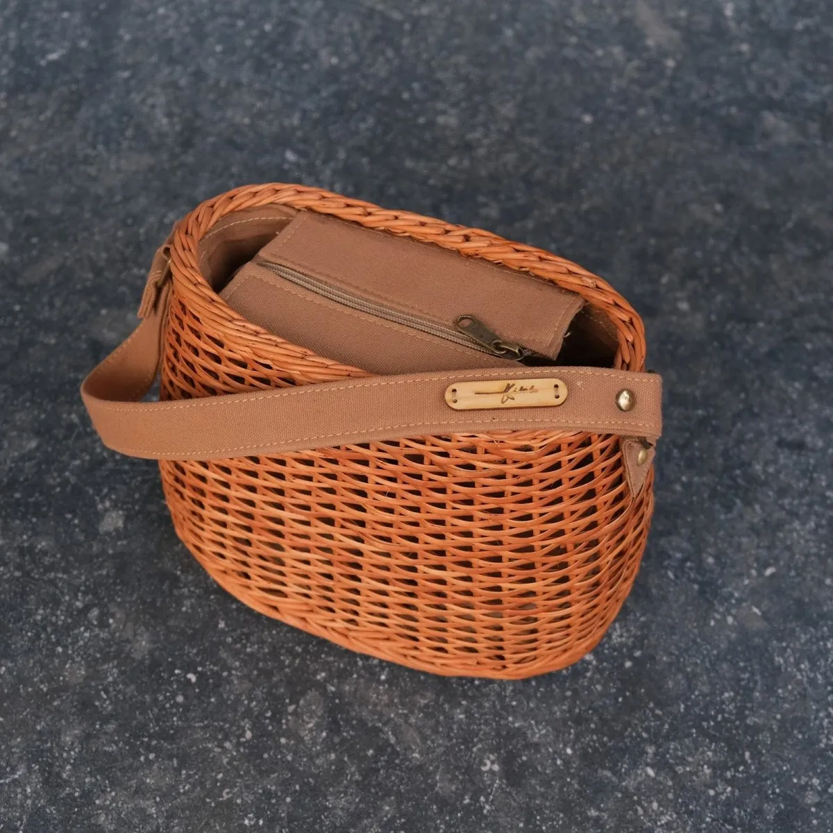 Wicker Basket Bag From Kashmir in Tan Colour- Small