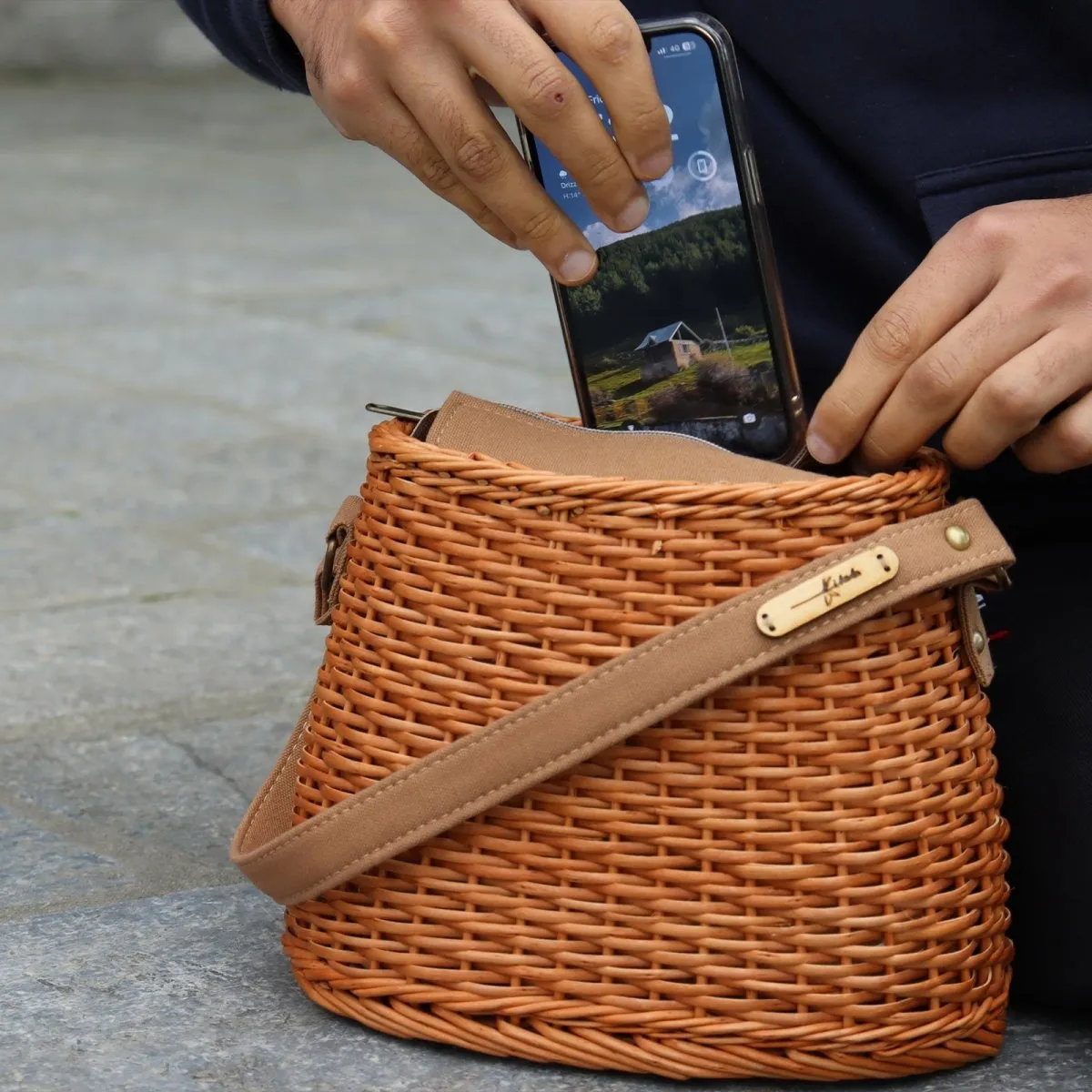 Wicker Basket Bag From Kashmir in Tan Colour- Small